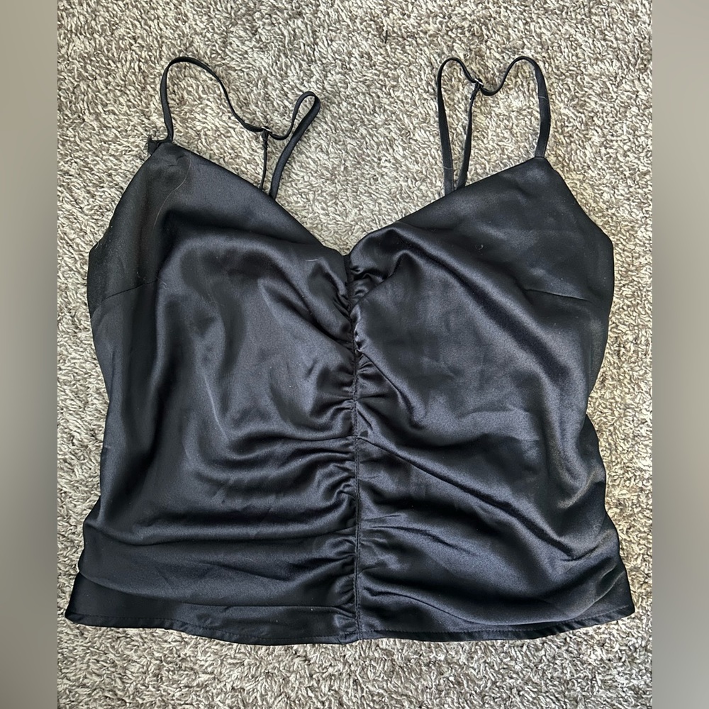 Satin Black Ruched Tank Top